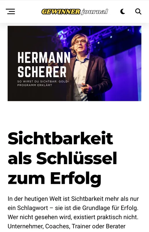 Hermann Scherer – Presseartikel „Sichtbarkeit als Schlüssel zum Erfolg“ im GEWINNER journal